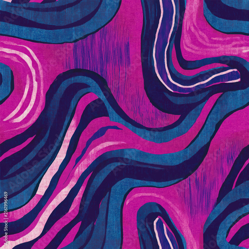 Bold abstract seamless pattern featuring flowing wavy bands in magenta, deep navy, blue, and pink, creating a dynamic psychedelic design with a rich hand-painted texture.