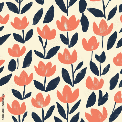 Charming floral seamless pattern featuring coral-orange tulip flowers with dark navy leaves and stems on a warm cream background, creating a playful Scandinavian folk-inspired design.