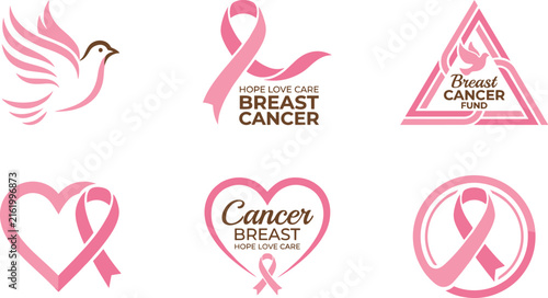 Breast Cancer Awareness Month Vector Logo Icons with Pink Ribbon Heart Dove and Support Symbols Set
