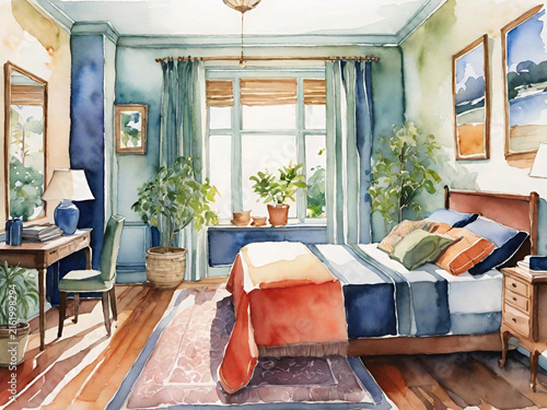 living room with a large window, a cozy home interior, a watercolor drawing