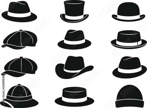Collection of Vintage Men Hats Silhouette Vector Icons