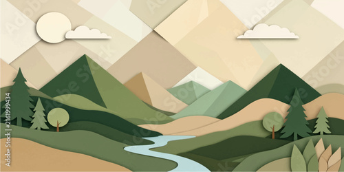 Abstract paper cut mountain landscape background template with forest trees and river vector illustration