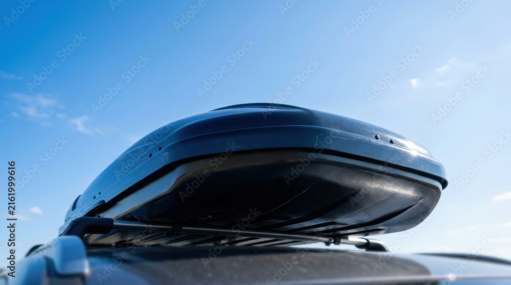 Fototapeta premium Close-up of a black car roof box against a clear blue sky, ready for travel adventures.