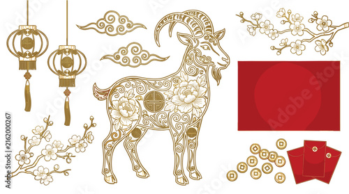 Chinese New Year goat zodiac vector illustration set featuring line art gold filigree ram ornament, hanging lanterns, red envelope, and cherry blossom branches