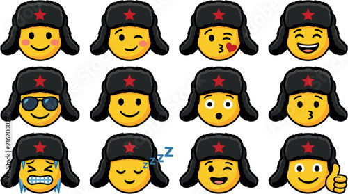 Soviet emoji avatar icon vector set featuring cute yellow faces wearing black ushanka winter hats with red star military insignia graphics