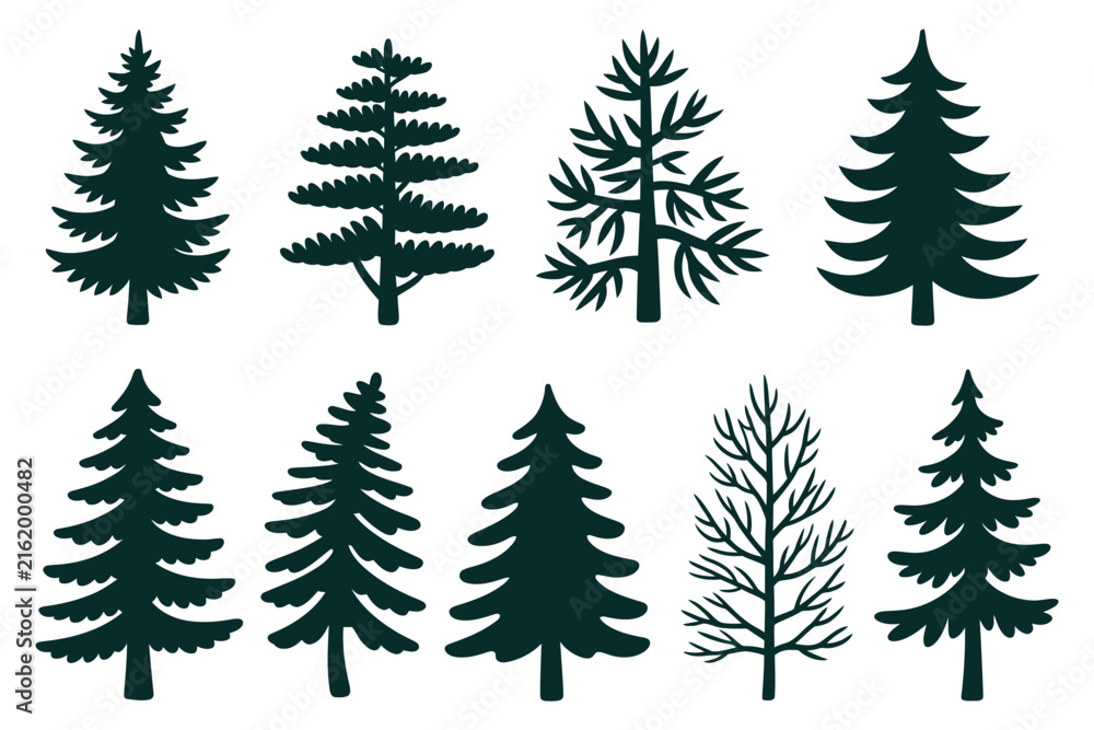 Fototapeta premium Forest trees set, isolated vector silhouette, coniferous forest, Christmas tree, fir tree, pine tree, cedar silhouette illustration