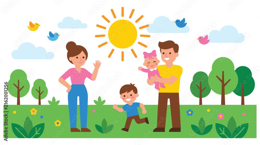 Fototapeta premium Happy family having fun in sunny green park for outdoor lifestyle and parenting concepts.