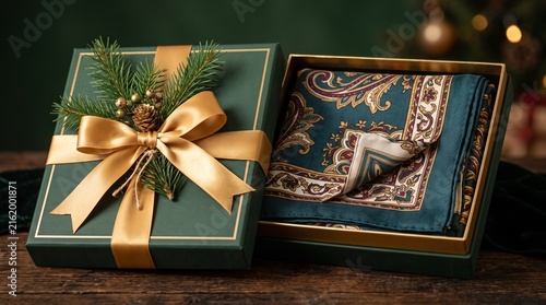 Luxury silk scarf elegantly folded in decorative gift box with gold ribbon for holiday presents