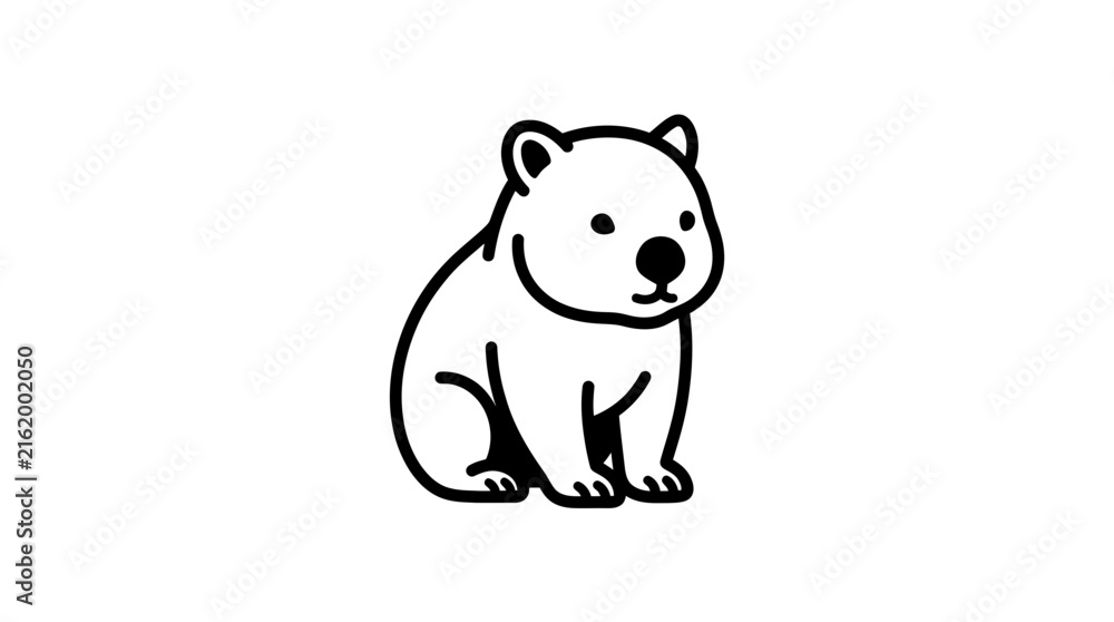 Fototapeta premium A cute, simple black and white line art drawing of a cartoon bear cub sitting.