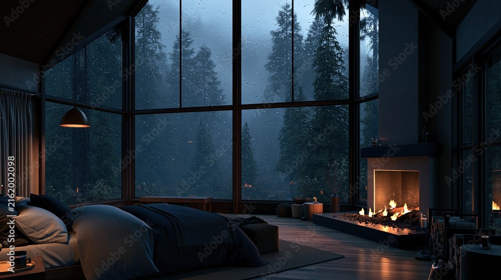 Fototapeta premium Cozy Bedroom Retreat with Fireplace and Panoramic Forest View at Dusk
