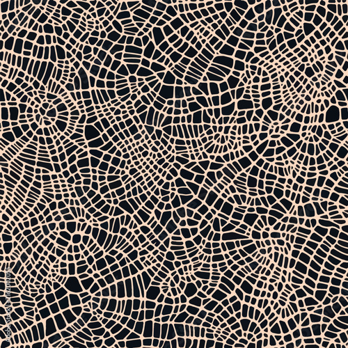 Abstract seamless pattern featuring intricate cream-colored interconnected lines forming a web-like organic network on a dark background, creating a sophisticated lace-inspired geometric texture.