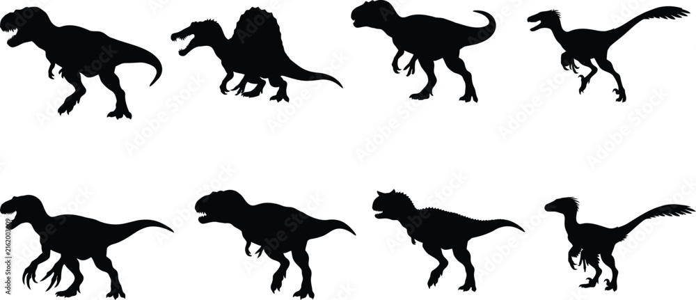Obraz premium Dinosaur Silhouette Collection Featuring Tyrannosaurus Spinosaurus Velociraptor and Prehistoric Icons for Paleontology Vector Design