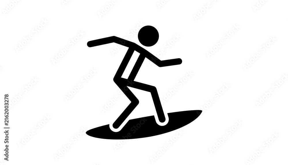 Fototapeta premium stick figure riding surfboard on wave black silhouette vector icon template for extreme summer water sports