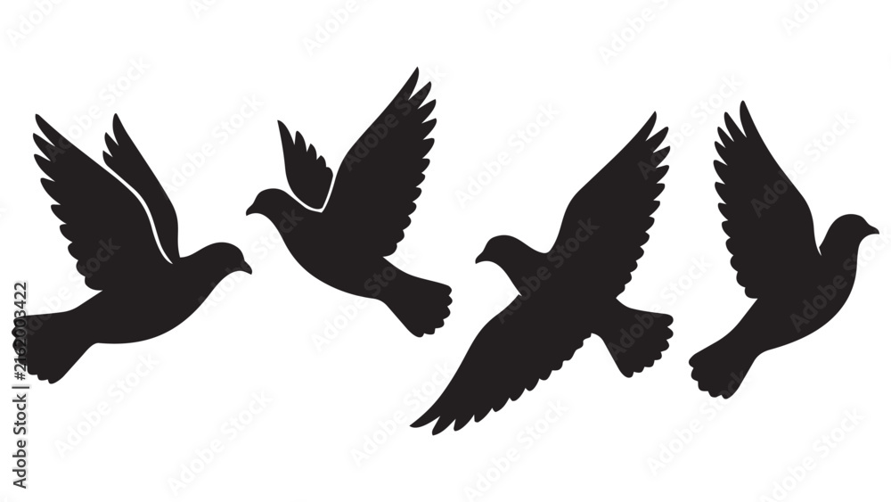 Obraz premium Four Silhouette Doves Flying in Formation Black and White Minimalist Vector Illustration for Peace Symbol Design