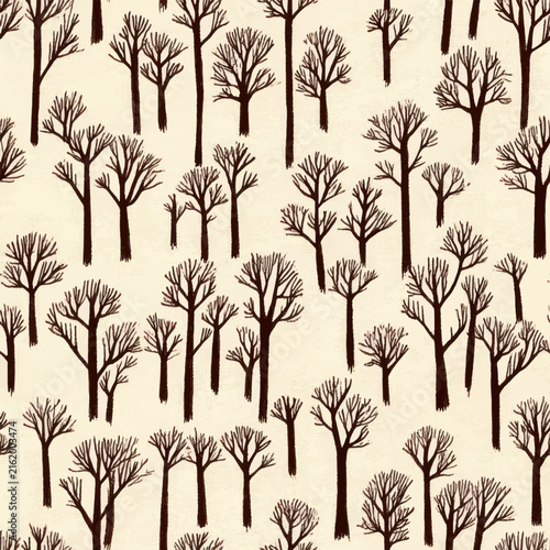 Minimalist seamless pattern featuring delicate hand-drawn bare trees in dark brown on a warm cream background, creating a calm Scandinavian-inspired woodland design.