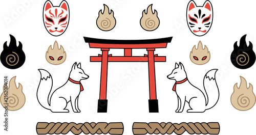 Japanese Kitsune Fox Torii Gate Kitsune Mask and Spirit Flames Vector Illustration Set