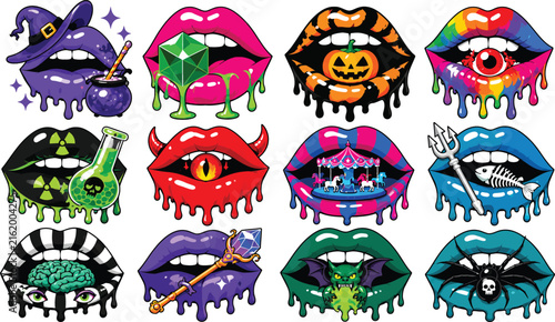 Halloween Themed Dripping Lips Sticker Set featuring Witch, Pumpkin, Devil, Zombie, and Gothic Elements. High-quality Vibrant Vector Art for Spooky Fashion and Horror Decorations.
