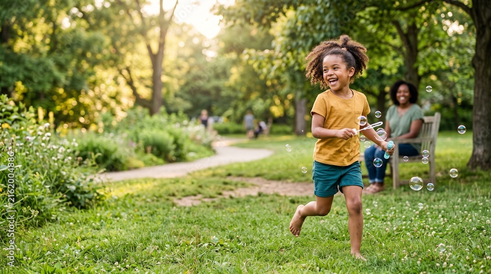 Fototapeta premium Joyful Summer Day: A young girl with curly hair runs gleefully through a sun-dappled park, chasing bubbles while a woman watches from a bench under a large tree.