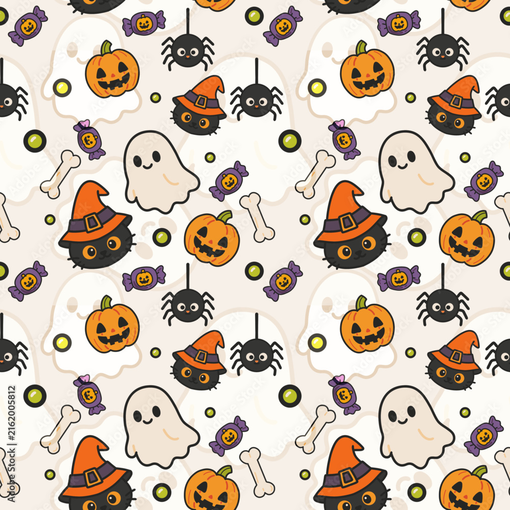 Fototapeta premium Cute Halloween Seamless Pattern with Ghost, Pumpkin, Black Cat, Spider and Candy Vector Illustration