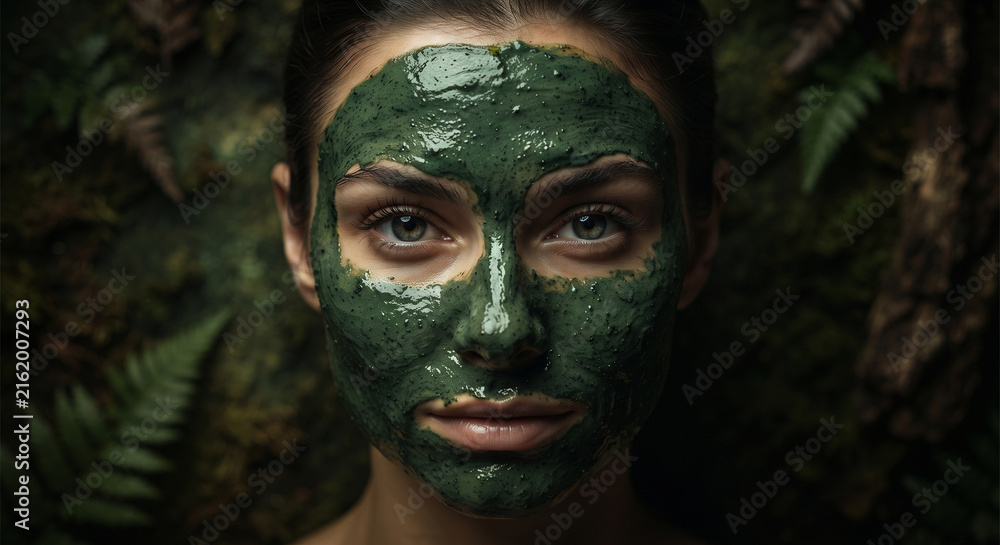 Obraz premium Dramatic, close-up artistic shot of a model's face covered in a deep green spirulina and avocado mud mask.