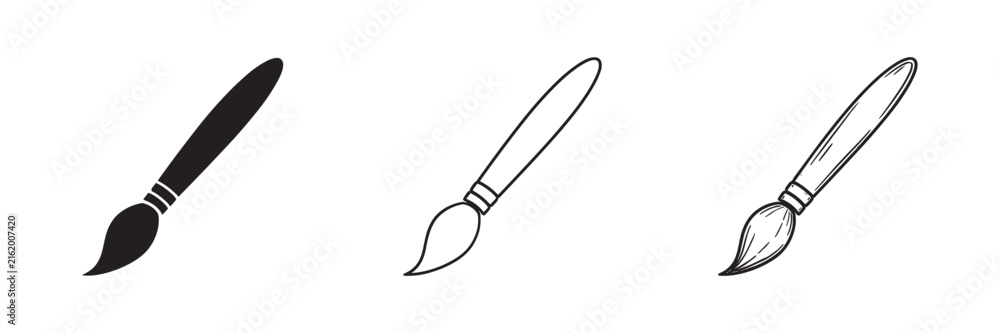 Fototapeta premium Artistic paint brush icon set. Painting, renovation, and art tool symbol. solid, outline and hand drawn sketch styles