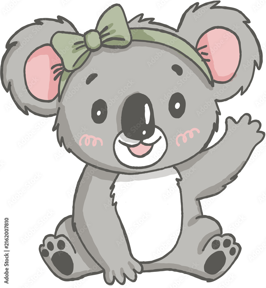 Fototapeta premium Cute koala with green bow on head smiling and waving paw, sitting with pink cheeks and soft fur expression