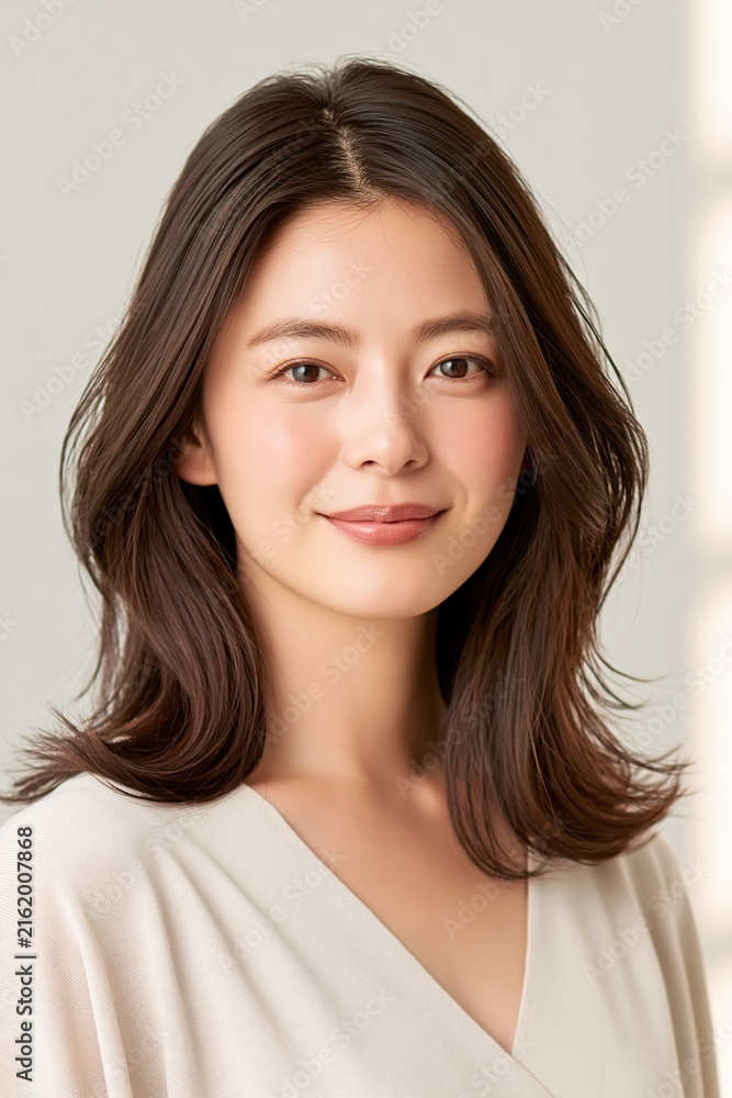 Fototapeta premium Portrait of a young, smiling Japanese woman with healthy brown hair and soft, natural makeup, looking directly at the camera with a friendly expression.