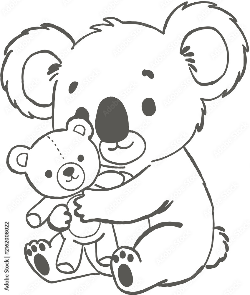 Fototapeta premium Koala holding teddy bear with cute expression, adorable animal friendship concept, simple line art drawing