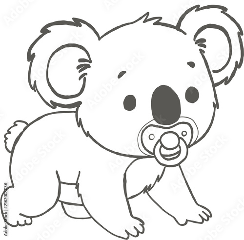 Photography Baby koala with pacifier crawling, cute animal character with soft fur and big e