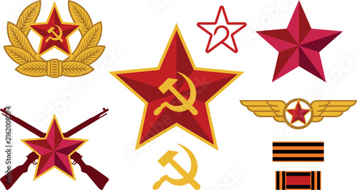 Soviet communist military insignia vector set featuring red star hammer and sickle emblems golden laurel wreaths pilot wings and victory ribbon bars