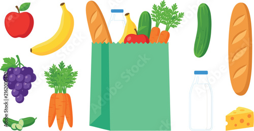 Paper grocery bag with fresh food vector element set featuring organic vegetables fruits baguette bread milk bottle and cheese block illustrations