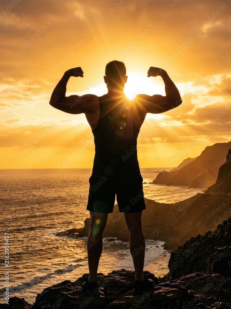Fototapeta premium Strong Bodybuilder Silhouette Flexing Biceps on a Rocky Cliff at Golden Sunset Overlooking the Ocean