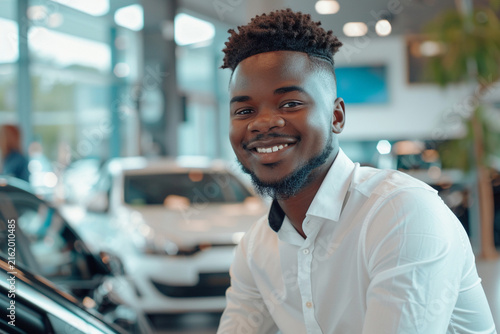 Young happy African American salesman working at a car dealership and smiling at the camera