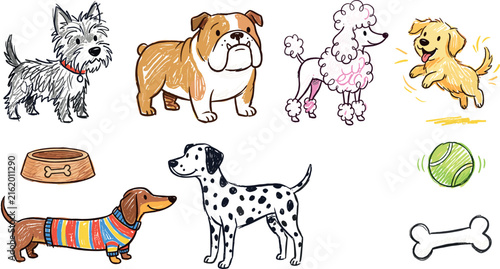 Cute dog breeds vector sticker set featuring hand drawn crayon sketch cartoon illustrations of bulldog golden retriever poodle dalmatian and dachshund