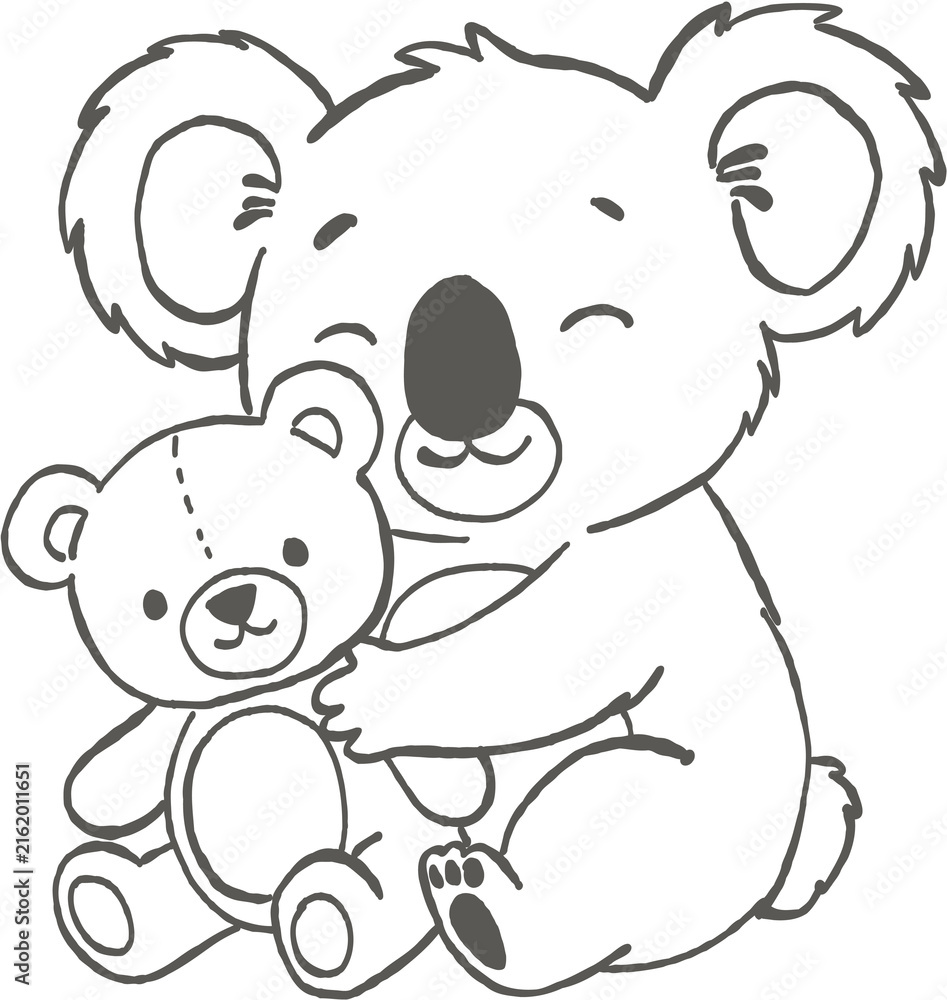 Obraz premium Cute koala hugging teddy bear with happy expression, simple line art drawing of animal and toy