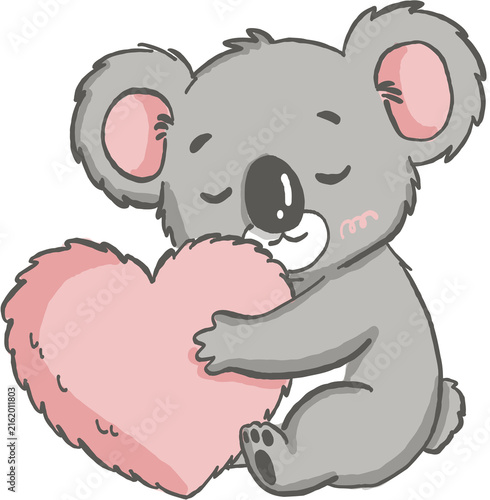 Картината върху платно Cute koala hugging soft pink heart with closed eyes showing love and warmth in t