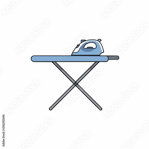 Cartoon-style blue iron resting on a light blue ironing board with gray legs