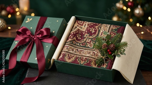 Luxury winter scarf elegantly wrapped in festive gift box with red ribbon and pine sprigs