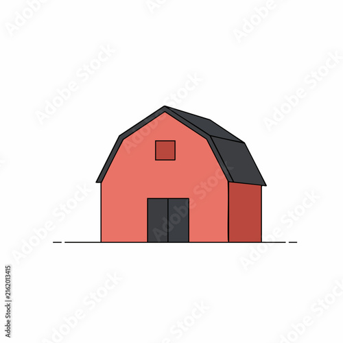 Simple Red Barn with Dark Roof and Closed Double Doors.