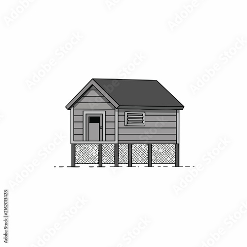 Isolated Gray Stilt House with Chicken Wire Skirting and Dark Roof