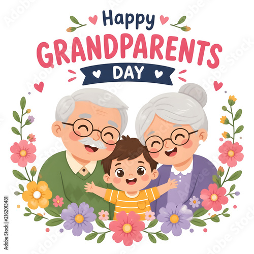 Adorable cartoon design for Grandparents Day featuring a grandchild with an older couple, surrounded by floral decorations. Grandpa and Grandma are illustrated in a flat style, perfect for a poster.