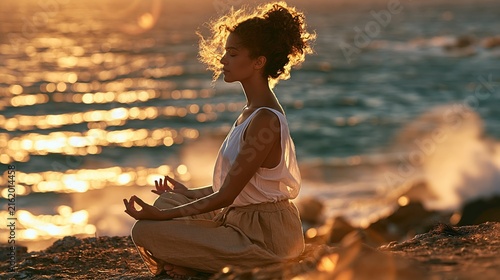 Serene Woman Meditating Outdoors by the Ocean at Sunset, Embracing Calm and Wellness