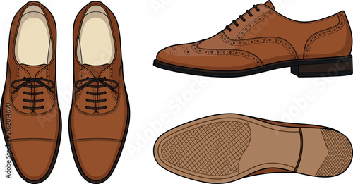 Classic Men Brown Leather Brogue Shoes Vector Set Featuring Top Side and Sole Views for Fashion Footwear and Apparel Designs