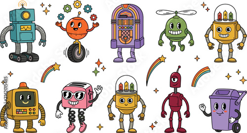 Retro Cartoon Robot Character Set with Vintage Cute Androids, Jukebox, Toaster, and Quirky Tech Elements for Stickers, Patches, and Creative Graphic Design Projects