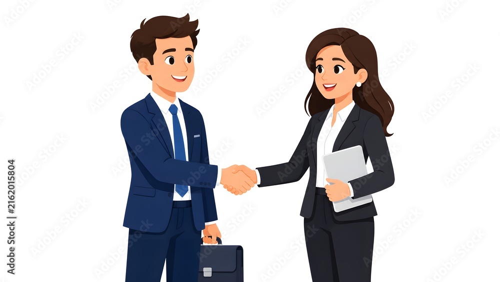 Fototapeta premium Business man and businesswoman handshaking on successful agreement, 2D vector illustration isolated on white background