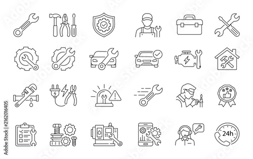 Automotive Repair and Maintenance Line Icon Set with Mechanic Car Service Tools Garage and Vehicle Workshop Symbols
