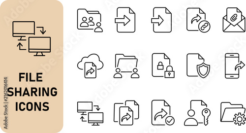 File Sharing and Data Transfer Line Icon Set with Cloud Upload Download Folder Collaboration and Document Exchange Symbolssharing, file, transfer, data, cloud, upload, download, folder, document, coll