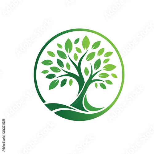 Abstract Green Tree Circle Logo Design. Eco-Friendly Nature and Sustainable Growth Vector Symbol.