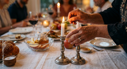 Person lighting Shabbat candles at a festive family dinner table with traditional food.