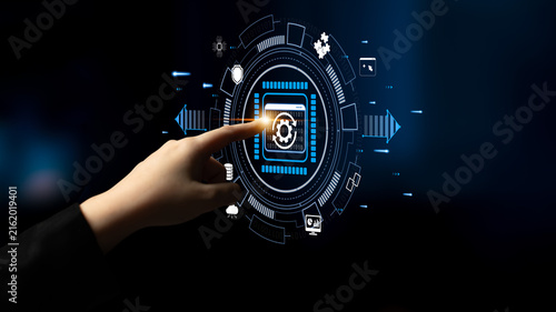 Fotografie Hand Reaching Towards Digital Interface with Technology Icons Displayed on a Modern Touchscreen for Innovation and Connectivity Concepts Quark